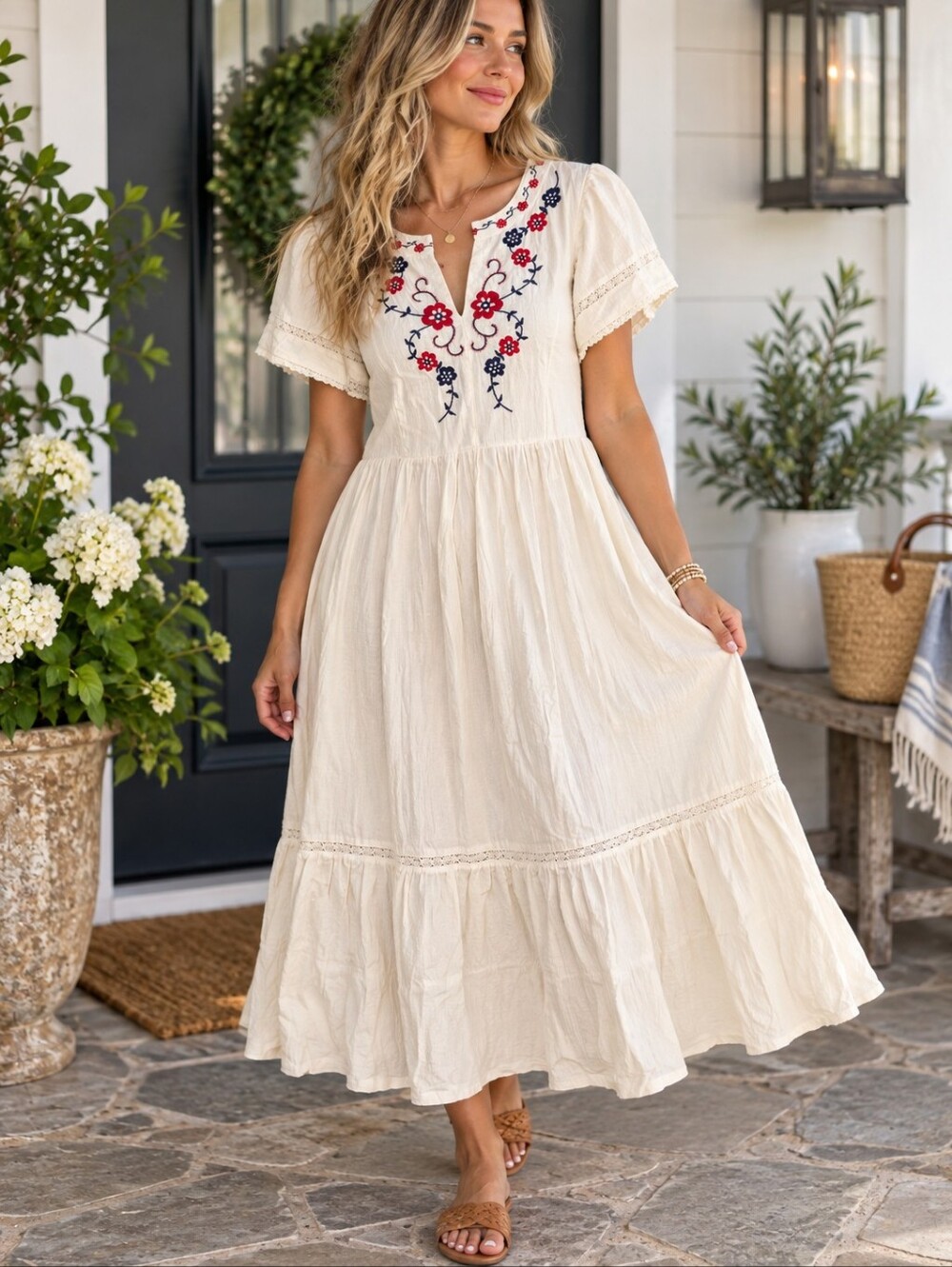 NWT Umgee Cream Embroidered Dress with Floral Detail Size Large